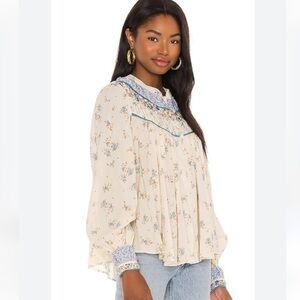 Free People Button Down Peasant Top Paloma Printed Blouse in Tea Combo
